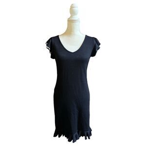St John Collection By Marie Gray Knit Flutter Sleeve Ruffle Hem Dress Black US 2